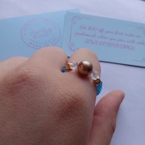 Hand Crafted Blue and Gold Beaded Stretch Ring 7,8,9